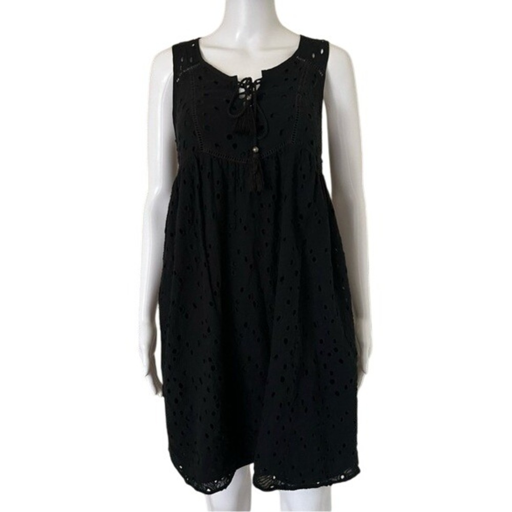 Knox Rose Black Eyelet Sleeveless Cotton Round Neck Front Tie Tassel Dress Small